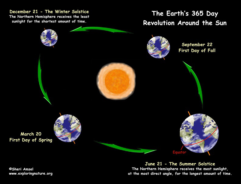Diagram of the Earth's 365 day revolution around the Sun showing solstices and equinoxes.