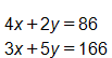 4x + 2y = 86, 3x + 5y = 166