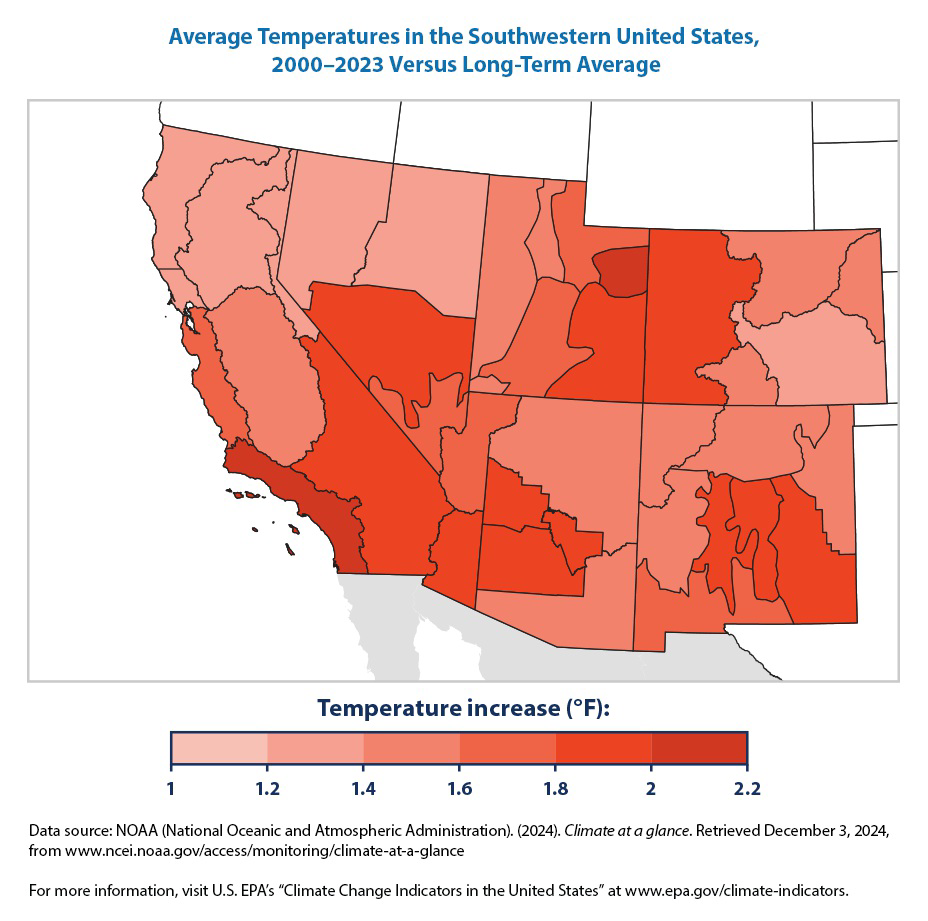 Average Temperatures in the Southwestern United States, 2000–2023 versus long-term average