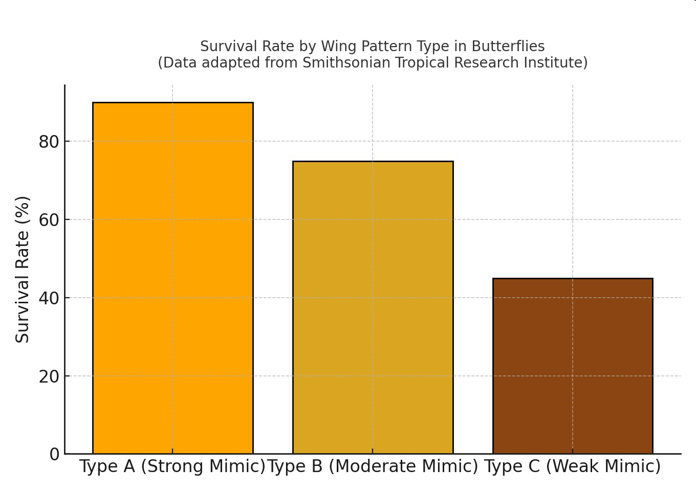 Bar graph titled 'Survival Rate by Wing Pattern Type in Butterflies (Data adapted from Smithsonian Tropical Research Institute)' showing survival rates for Type A (Strong Mimic), Type B (Moderate Mimic), and Type C (Weak Mimic).