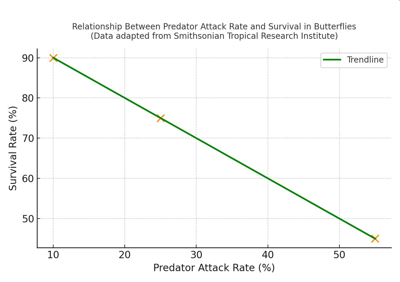 Line graph titled 'Relationship Between Predator Attack Rate and Survival in Butterflies (Data adapted from Smithsonian Tropical Research Institute)' showing survival rate versus predator attack rate with a trendline.