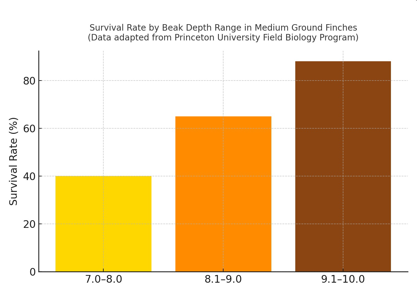 Bar graph titled 'Survival Rate by Beak Depth Range in Medium Ground Finches (Data adapted from Princeton University Field Biology Program)' showing survival rate percentage for beak depth ranges 7.0–8.0, 8.1–9.0, and 9.1–10.0 millimeters.