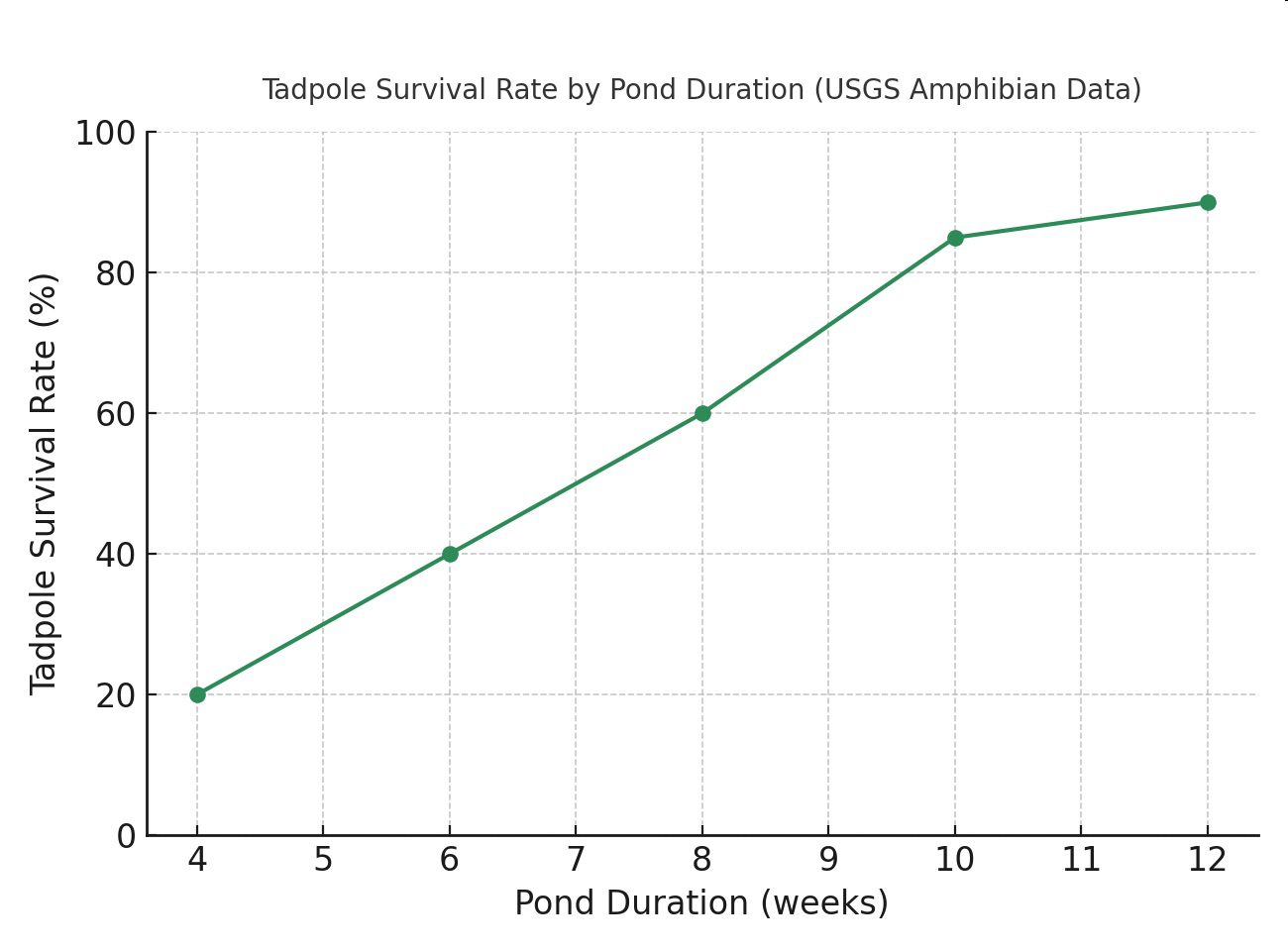 Line graph of tadpole survival rate by pond duration in weeks