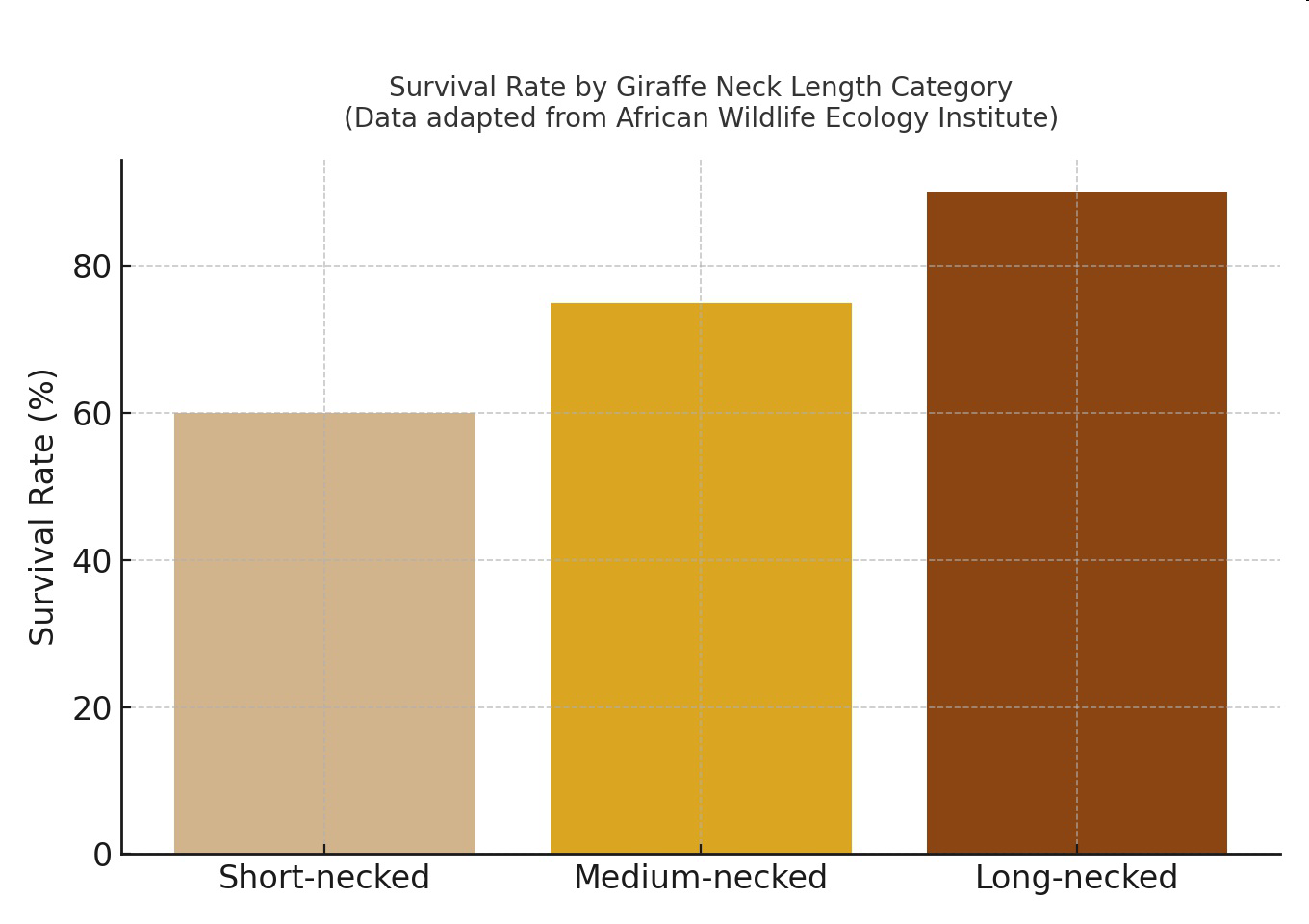 Bar graph titled 'Survival Rate by Giraffe Neck Length Category (Data adapted from African Wildlife Ecology Institute)' showing survival rate percentages for short-, medium-, and long-necked giraffes.
