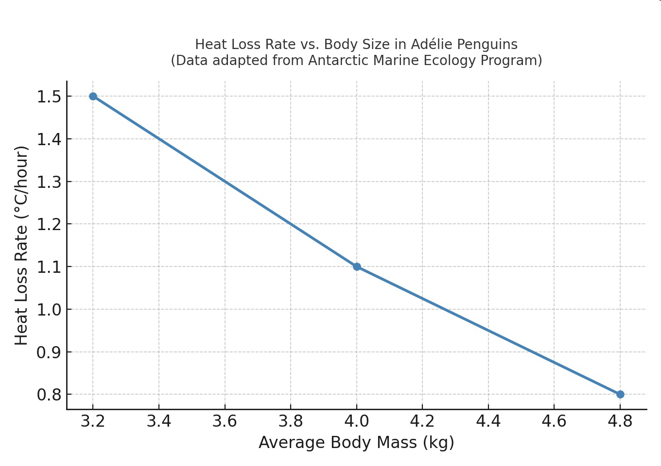 null Graph of heat loss rate versus average body mass in Adélie penguins.