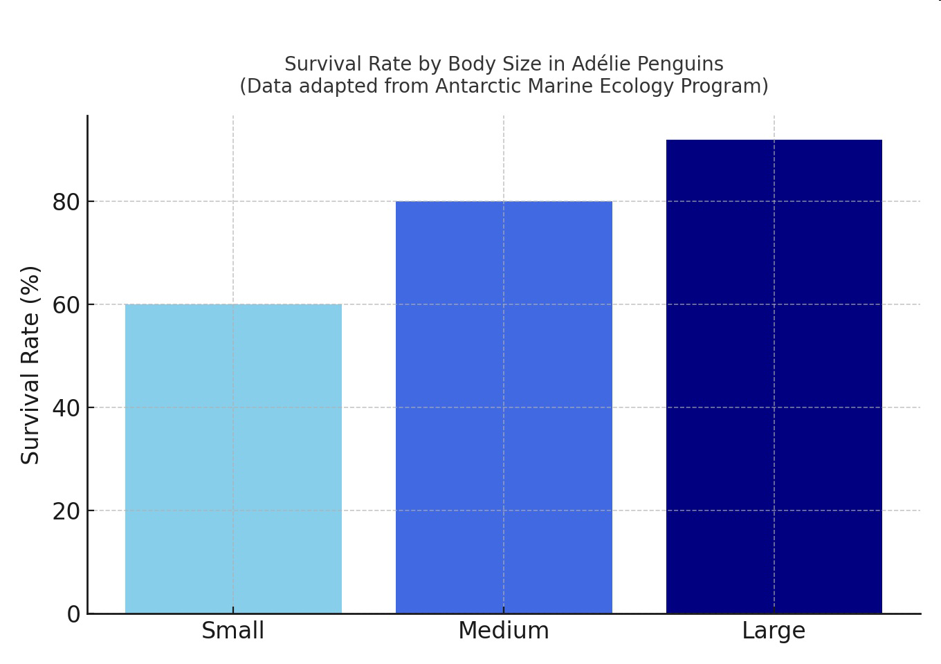 null Bar graph of survival rate by body size in Adélie penguins.