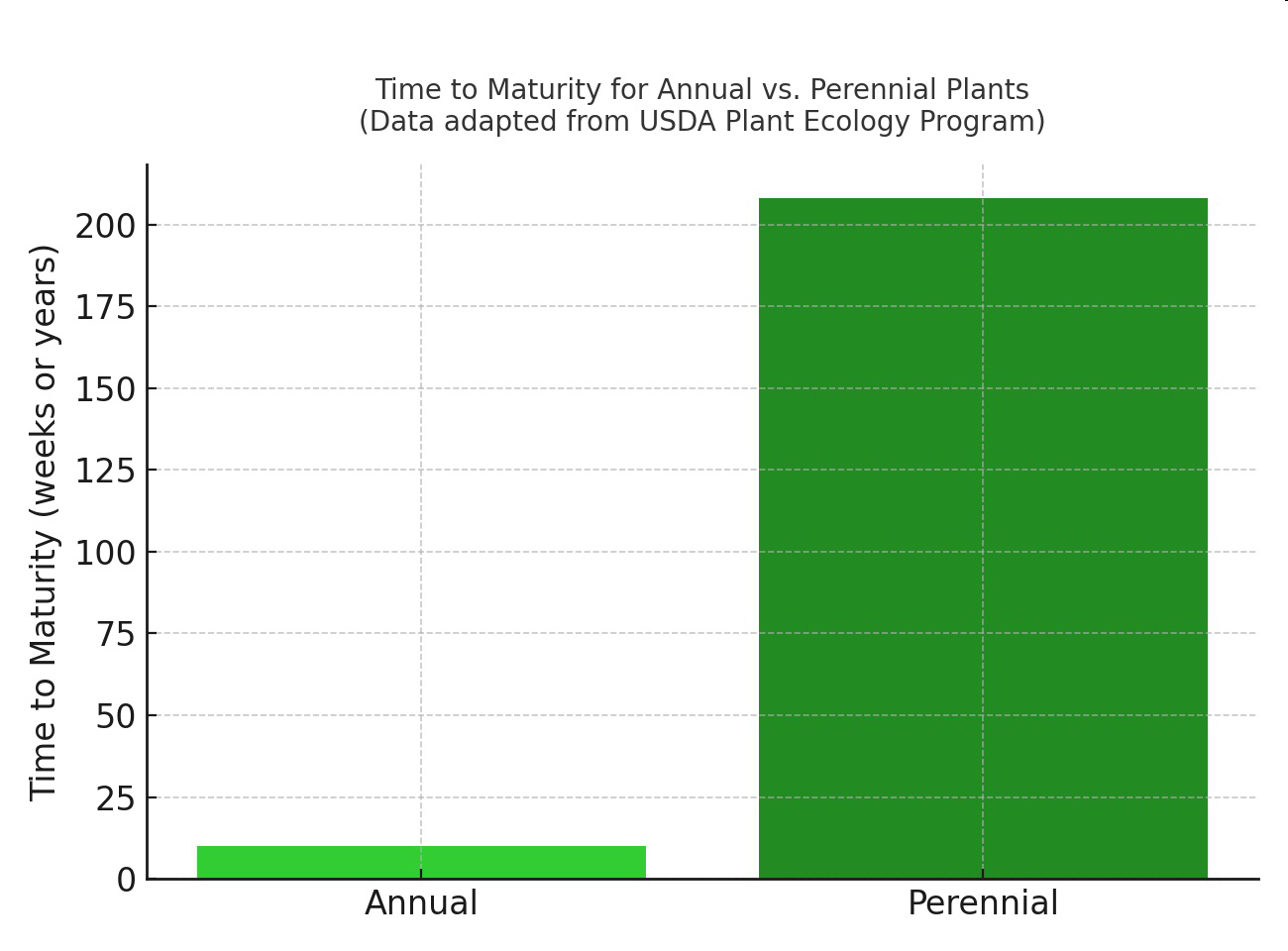 Bar graph of time to maturity for annual vs. perennial plants.