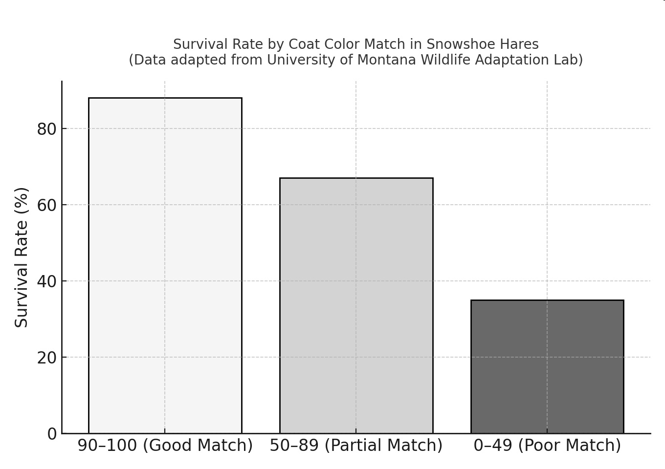 Bar graph titled 'Survival Rate by Coat Color Match in Snowshoe Hares (Data adapted from University of Montana Wildlife Adaptation Lab)' showing survival rate percentages for different levels of coat color match: 90–100 (Good Match), 50–89 (Partial Match), and 0–49 (Poor Match).