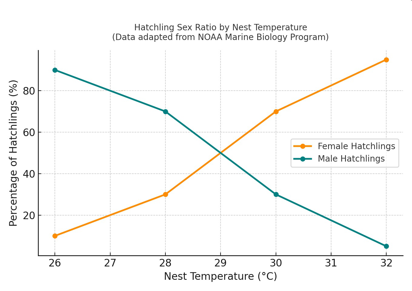 Hatchling Sex Ratio by Nest Temperature graph showing percentages of female and male hatchlings at different nest temperatures.