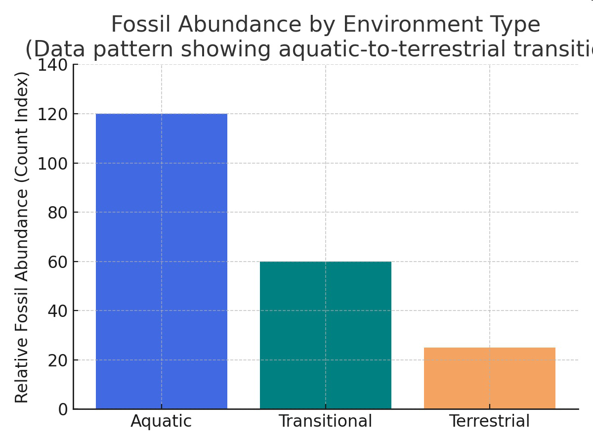 Bar graph titled 'Fossil Abundance by Environment Type (Data pattern showing aquatic-to-terrestrial transition)' showing relative fossil abundance for aquatic, transitional, and terrestrial environments.