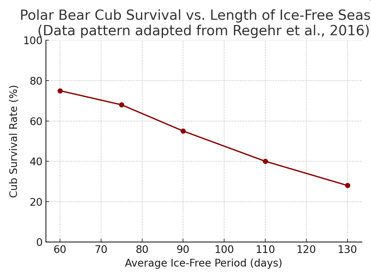 Line graph showing polar bear cub survival rate decreasing as the average ice-free period in days increases.