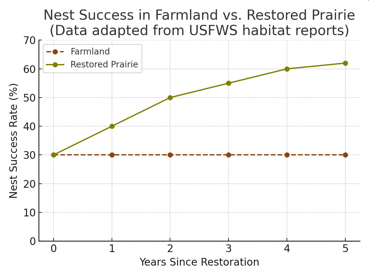 Graph titled 'Nest Success in Farmland vs. Restored Prairie (Data adapted from USFWS habitat reports)' plotting nest success rate over years since restoration for farmland and restored prairie.