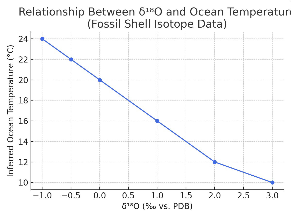 Graph showing the relationship between δ18O values and inferred ocean temperature from fossil shell isotope data.