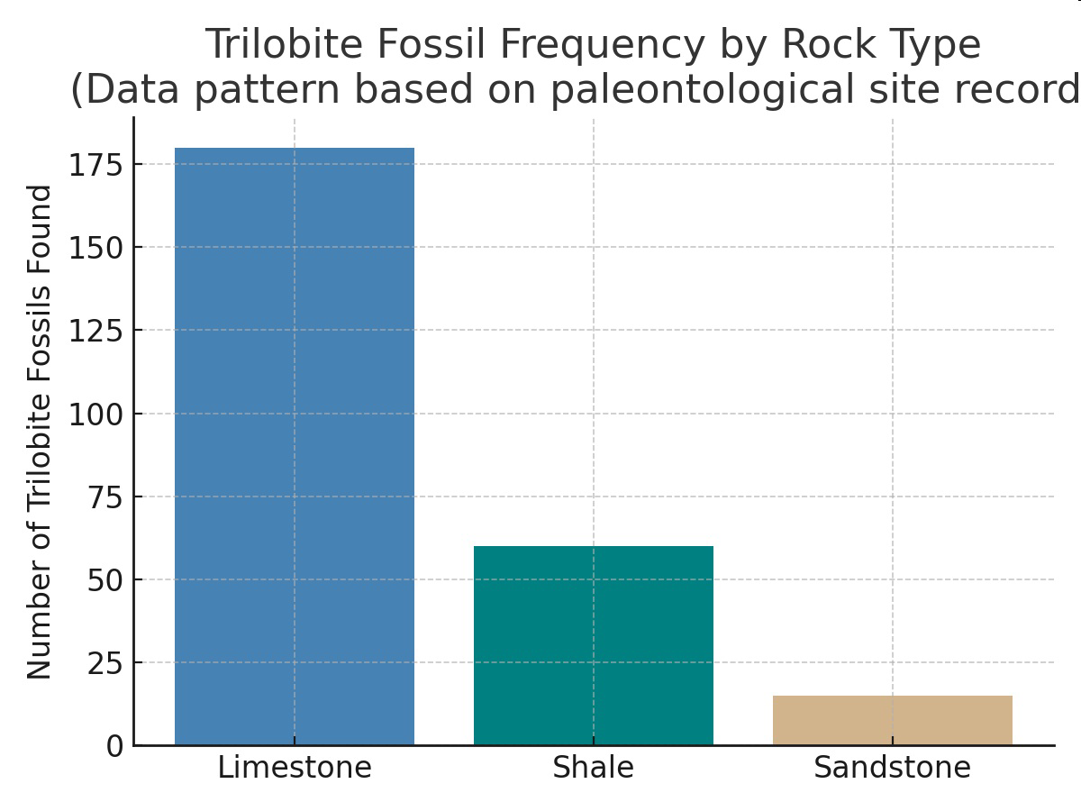 Bar graph titled 'Trilobite Fossil Frequency by Rock Type' showing number of trilobite fossils found in limestone, shale, and sandstone.