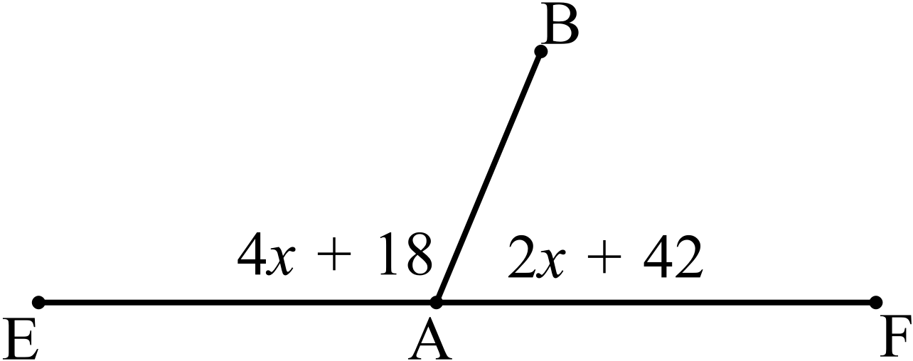 Figure for Question 1: ray AB forming two adjacent angles with line EF labeled 4x+18 and 2x+42.
