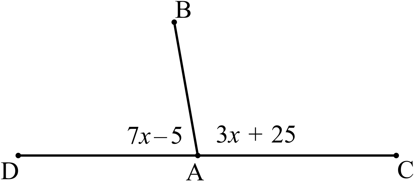 Figure for Question 2: ray AB forming two adjacent angles with line DC labeled 7x−5 and 3x+25.