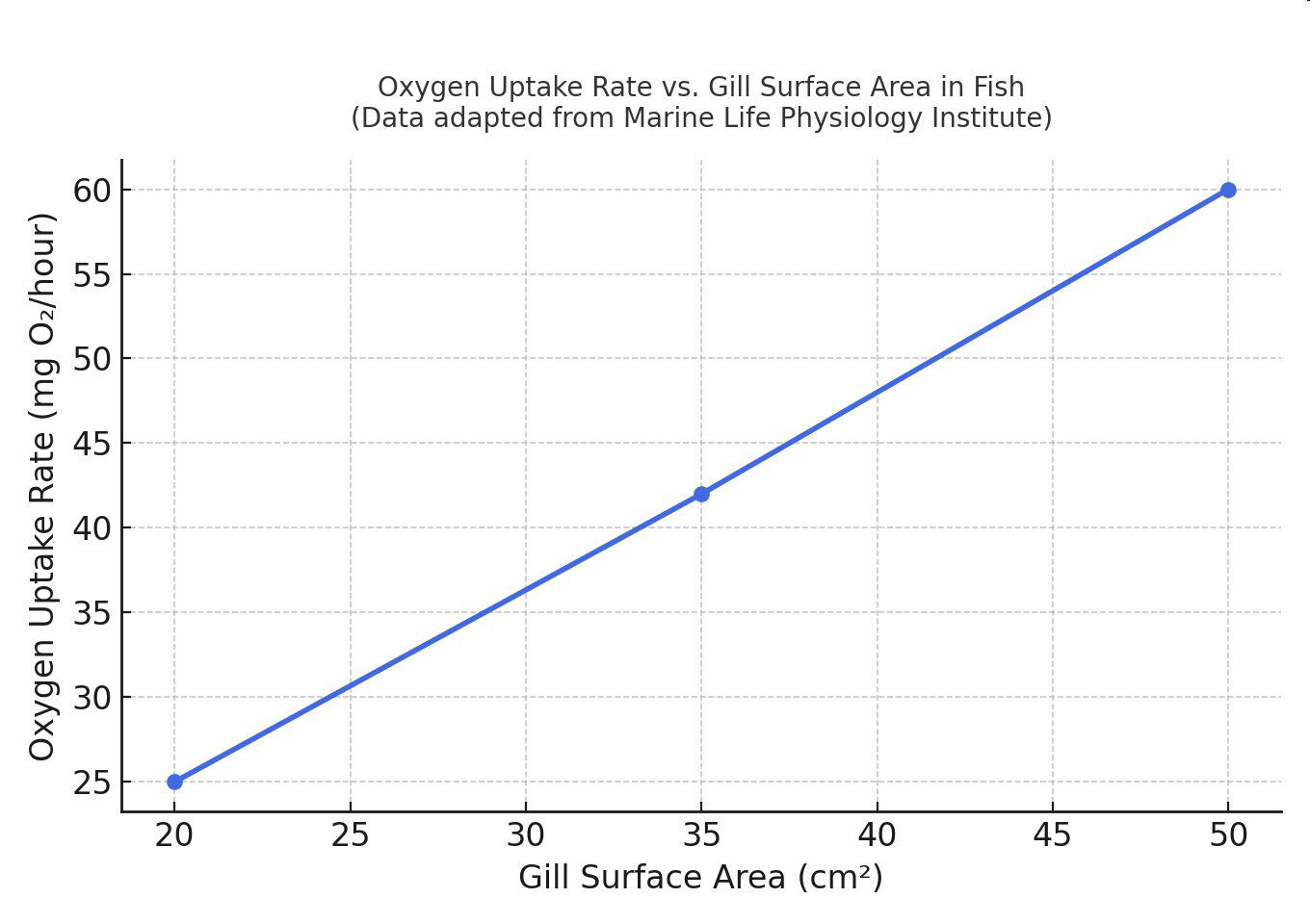 Graph of oxygen uptake rate vs. gill surface area in fish.