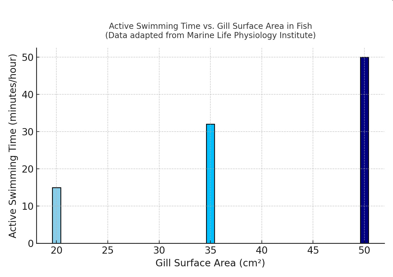 Bar graph of active swimming time vs. gill surface area in fish.
