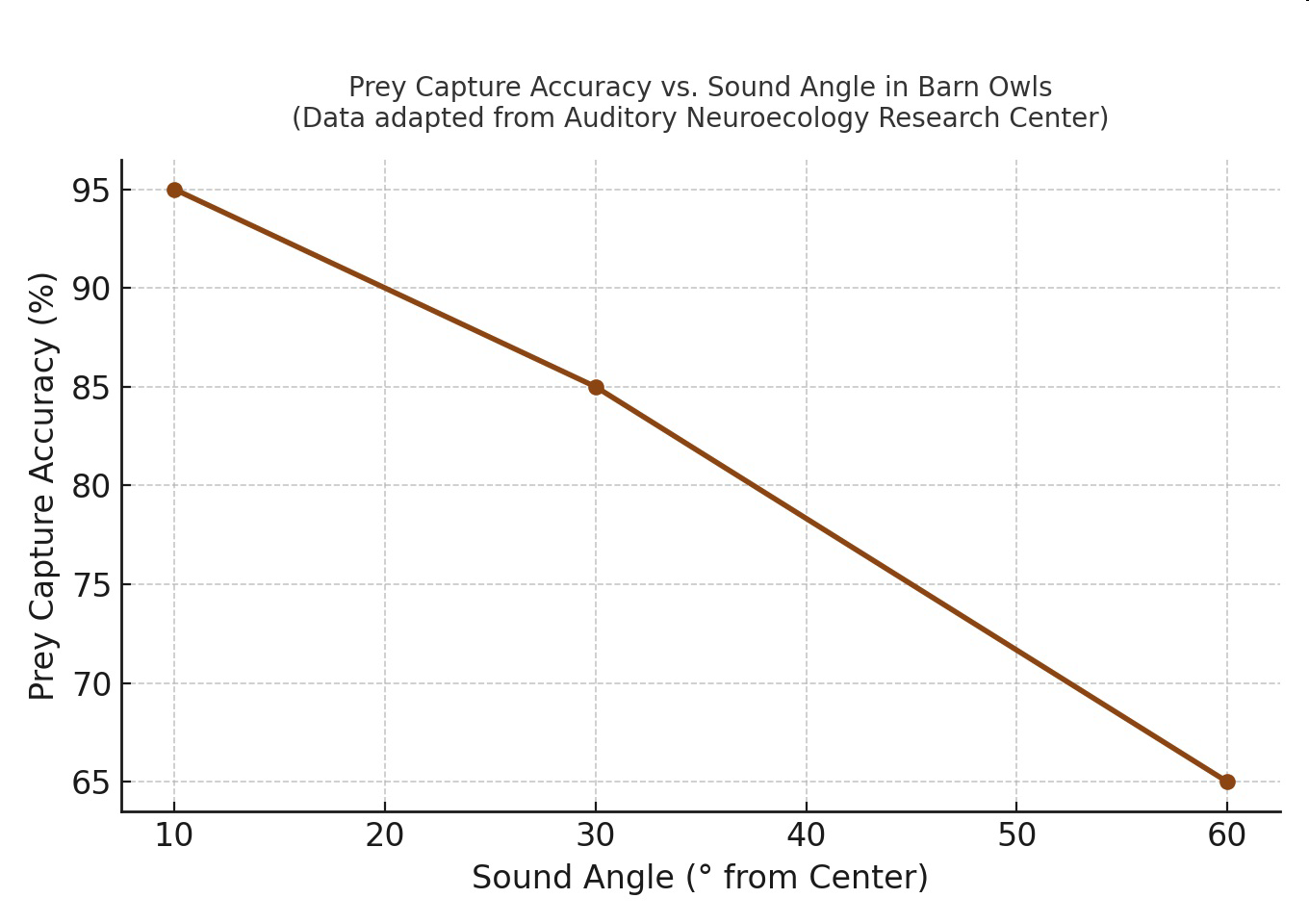 Graph of prey capture accuracy versus sound angle in barn owls