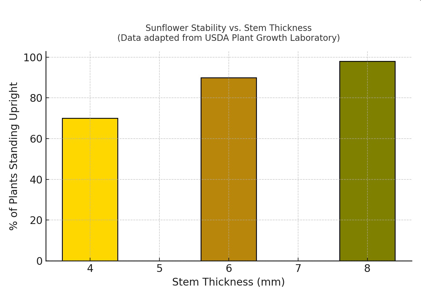 Bar graph titled 'Sunflower Stability vs. Stem Thickness (Data adapted from USDA Plant Growth Laboratory)' showing % of plants standing upright for stem thicknesses 4, 6, and 8 mm.