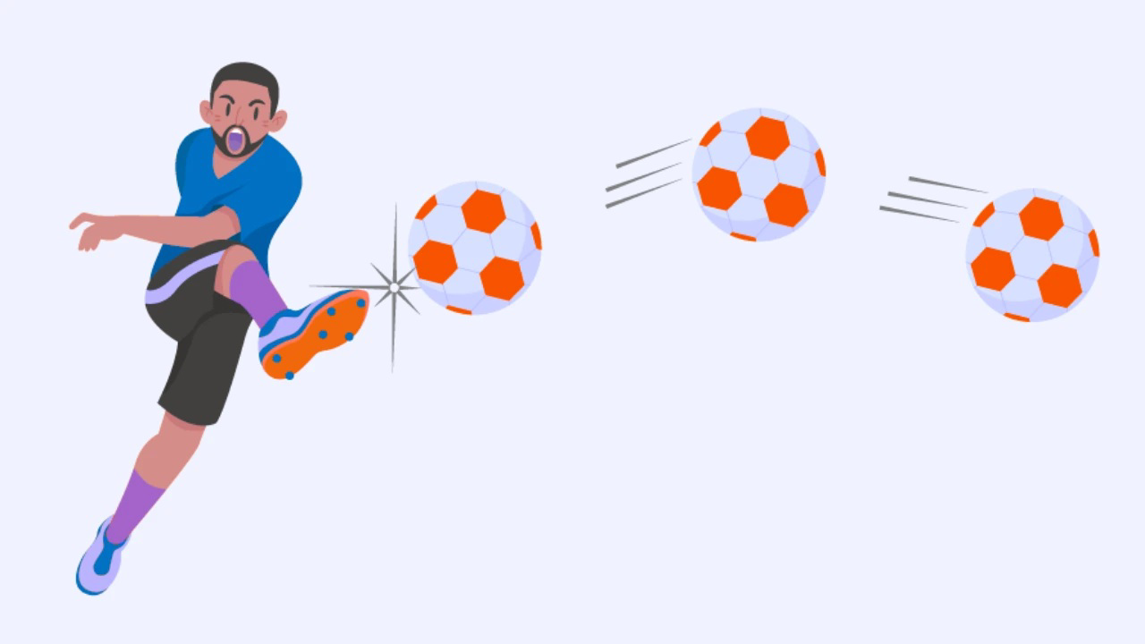 Soccer player kicking a ball that moves forward at different positions, showing motion.