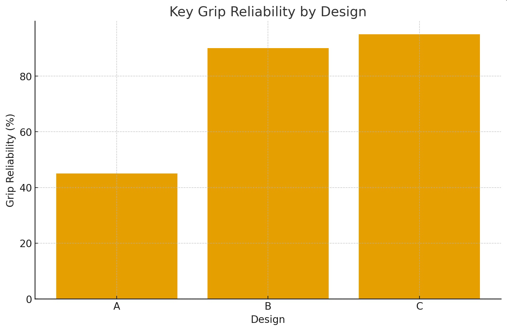 Bar graph titled 'Key Grip Reliability by Design' comparing grip reliability in percent for designs A, B, and C.