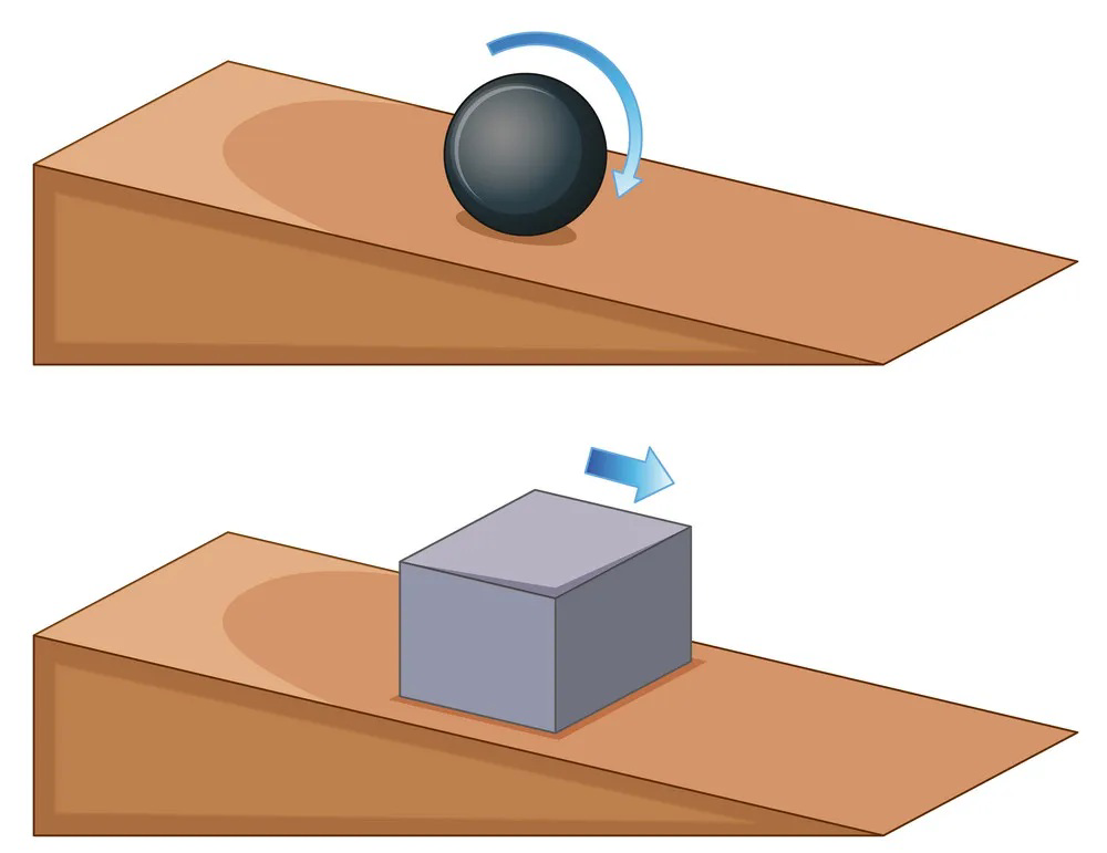 A ball and a block on separate tilted ramps, both moving down the ramps.