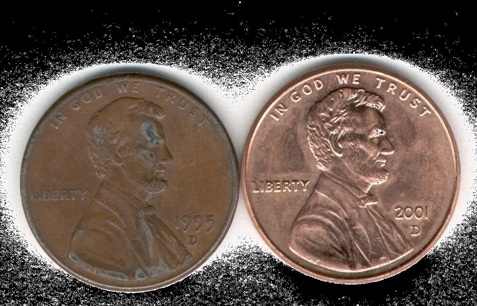 Two pennies side by side, one dull and one shiny.