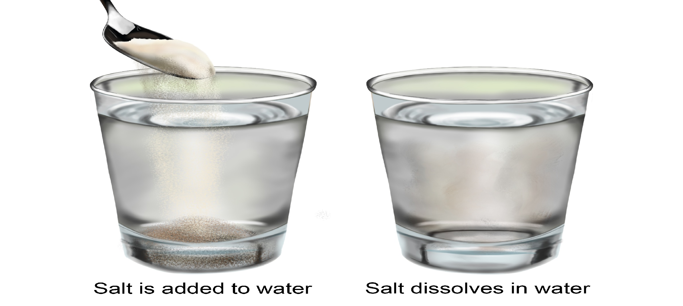 Salt is added to water and then dissolves in water