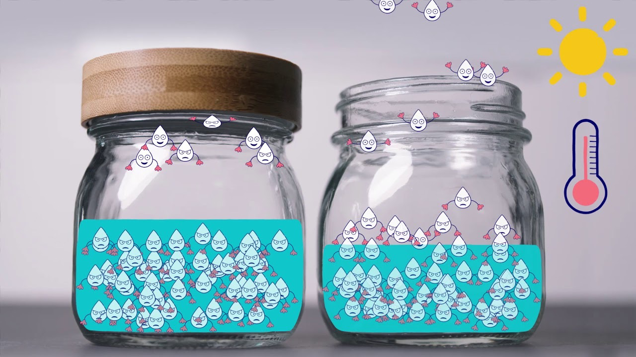 Two jars, one sealed and one open, showing water droplets evaporating.