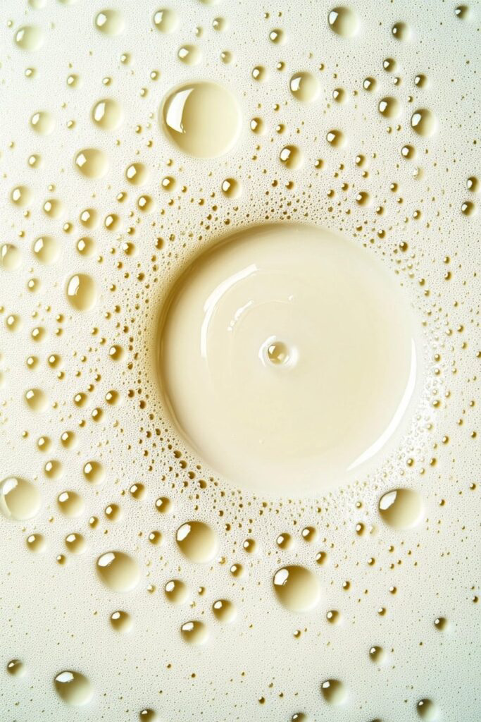 Close-up of milk with many bubbles and droplets on its surface