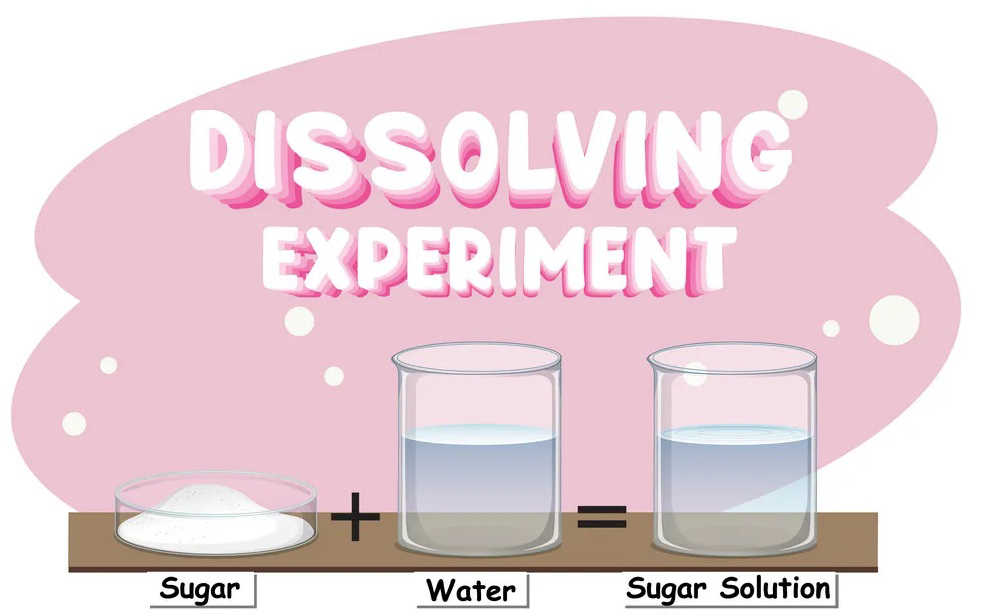 Dissolving experiment showing sugar, water, and sugar solution