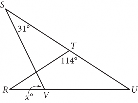 Geometric figure with points S, R, V, U, and T, angles 31 degrees at S, 114 degrees at T, and x degrees at V.