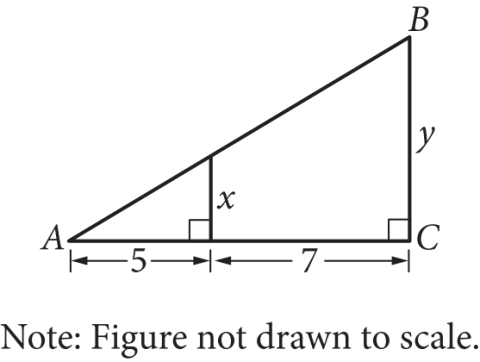 Triangle ABC with base AC split into segments of length 5 and 7. A vertical segment of length x is drawn up from the point between the segments, and a vertical segment of length y is drawn up from point C to point B.