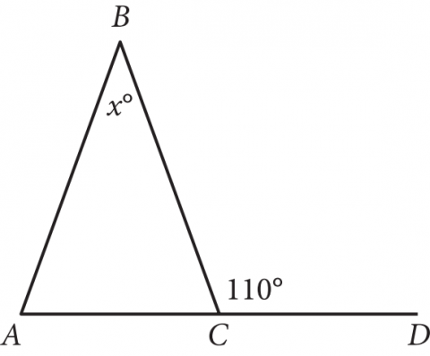 Triangle ABC with AC extended to point D and exterior angle 110 degrees at C, angle at B labeled x degrees.