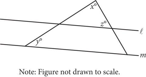 Figure with two parallel lines l and m and angles x, y, and z