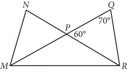 Figure with intersecting segments MQ and NR at point P inside quadrilateral MNRQ. Angle at P on MQ is 60 degrees and angle at Q on segment PQ is 70 degrees.