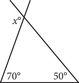 Triangle with interior angles 70 degrees and 50 degrees and an exterior angle labeled x degrees formed by extending two sides