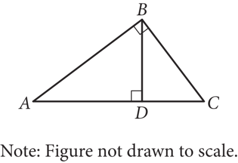 Triangle ABC with point D on AC, BD perpendicular to AC, and a right angle at B between BA and BC. Note: Figure not drawn to scale.