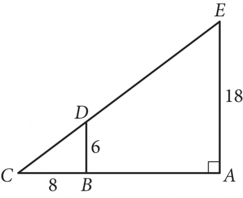 Right triangle CEA with point B on CA, point D on CE, BD vertical from B to D, CB = 8, BD = 6, and AE = 18.
