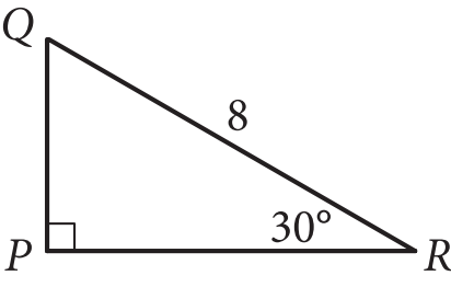 Right triangle PQR with right angle at P, angle at R is 30 degrees, and side QR labeled 8