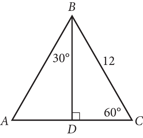 Triangle ABC with BD perpendicular to AC, angle ABD equals 30 degrees, angle BCD equals 60 degrees, and BC equals 12.