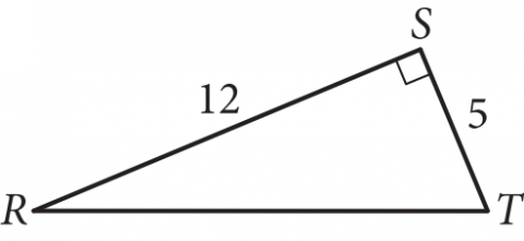 Triangle RST with right angle at S, RS = 12, ST = 5