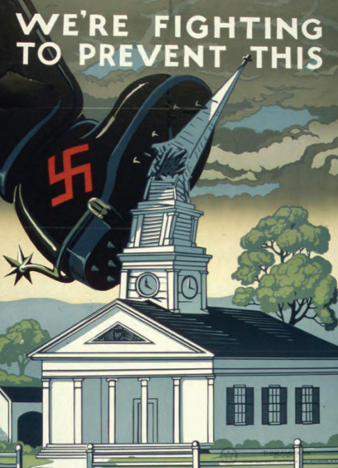 OWI poster with the text 'WE'RE FIGHTING TO PREVENT THIS' and an image of a church under attack