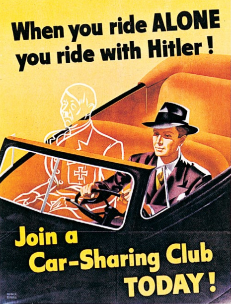 OWI poster warning that riding alone helps Hitler and promoting car-sharing