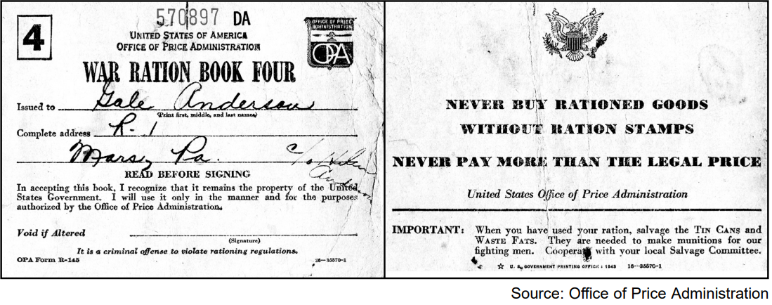 War Ration Book Four issued by the United States Office of Price Administration with warning not to buy rationed goods without ration stamps or pay more than the legal price.