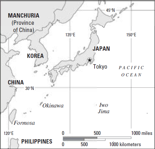 Map showing Japan, Korea, China, Manchuria, the Philippines, Okinawa, and Iwo Jima