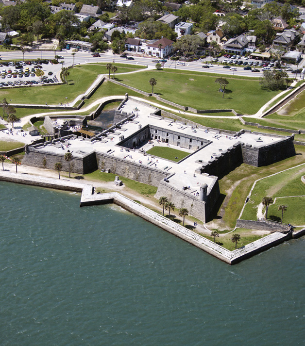Aerial view of a fort with bastions extending into the water
