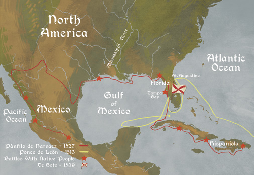 Map showing De Soto’s landing in Florida and routes of prior Florida exploration.