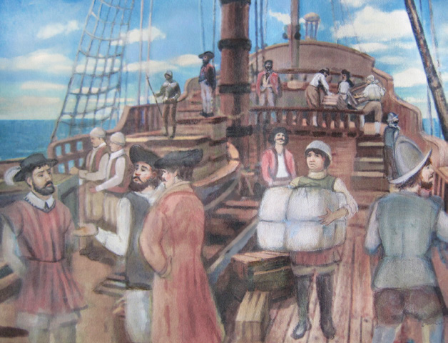 Hernando de Soto preparing for the expedition on a ship